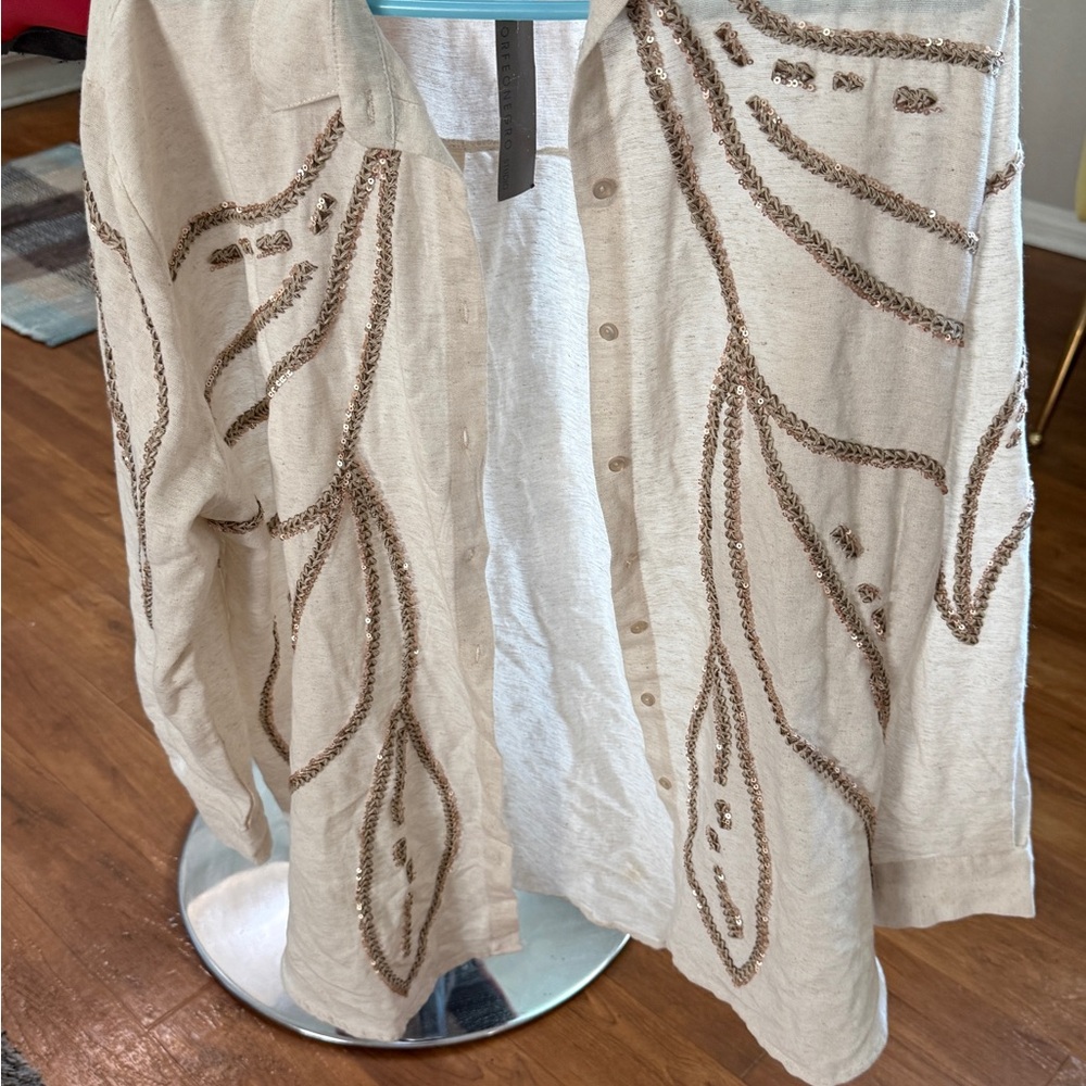 Beige Embroidered Button-Up Shirt